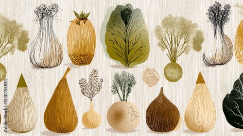 Artistic illustration of various abstract plants and vegetables on a textured background