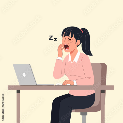 Exhausted Business Woman Yawning at Desk in Office