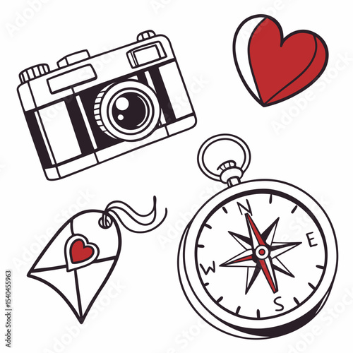 Vintage camera compass heart love travel adventure romantic journey