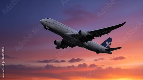 Airplane Taking Off at Sunset Sky Slow Motion