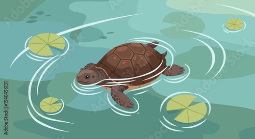 Turtle Swimming in Pond with Lily Pads Cute Vector