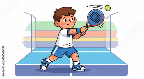 Boy Playing Padel Tennis with Racket Cartoon Illustration
