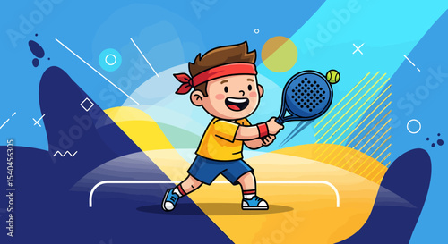Enthusiastic Boy Playing Paddle Tennis Action Shot Illustration