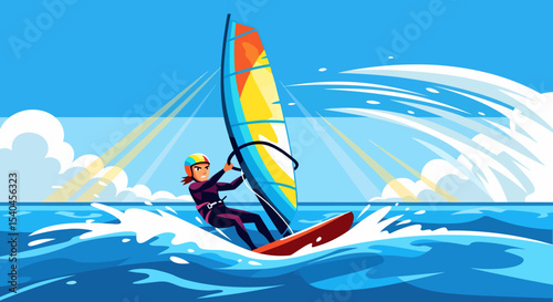 Windsurfer Riding Wave Under Bright Sun Summer Outdoor Activity