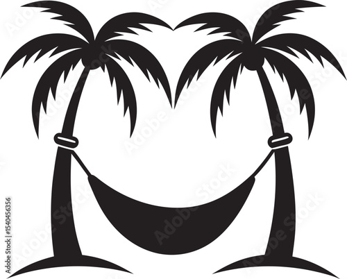 Hammock hanging between two palm trees silhouette vector. Silhouette of tropical palm trees with hammock