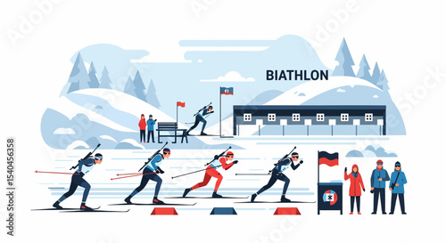 Biathlon Competition with Athletes Skiing in Winter Landscape Illustration