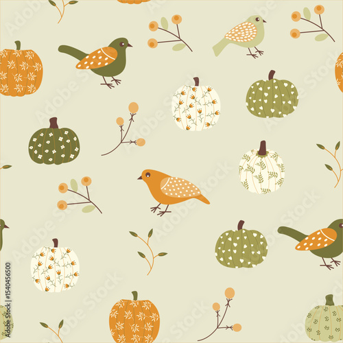 Seamless pattern with decorative pumpkins, flowers and birds. A pattern for halloween celebration. Vector pattern