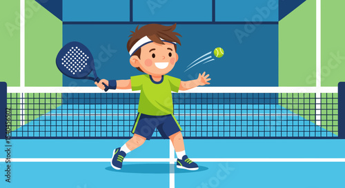 Active Young Boy Plays Padel Tennis on Court Illustration