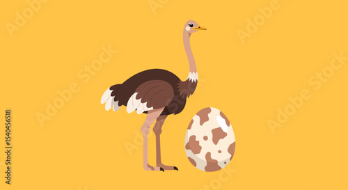 Standing Ostrich with Large Spotted Egg On Yellow Background