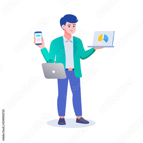 Busy professional man multitasking with laptop smartphone and tablet on white background