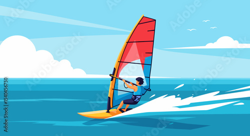 Windsurfer Rides the Waves at Ocean Sport Activity Illustration