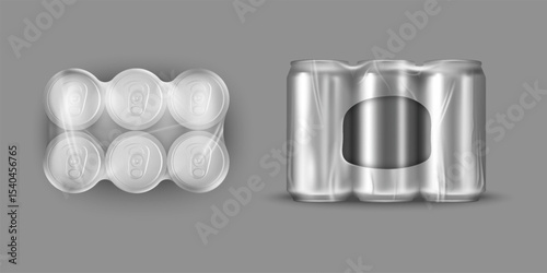 Tin can. Soda or beer aluminum food cylinders. 3D metal jar mockup. Blank bottles pack top and side view. Coffee box or lid canister package. Carbonated drink. Vector realistic objects set