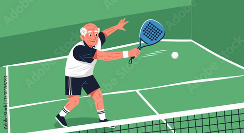 Active Senior Plays Paddle Tennis on the Court Illustration