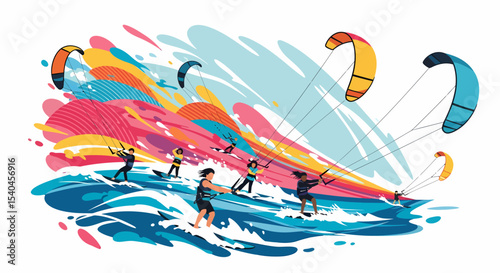 Kitesurfing Active Sports Summer Adventures Ocean Waves Vector Illustration