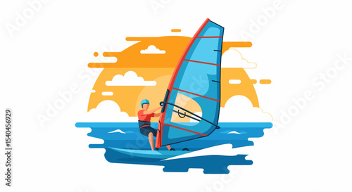 Vector Illustration of Windsurfing at Sunset Ocean Watersport Activity