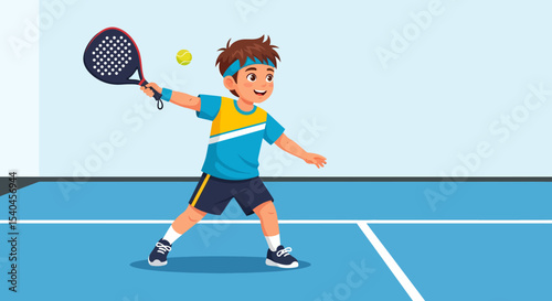 Young Boy Playing Padel Tennis Court With Racket Ball Training