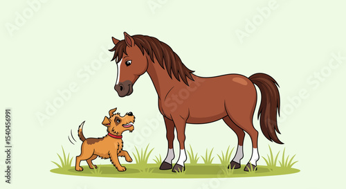 Friendly Encounter Animated Horse And Dog Playing Together In Green Field