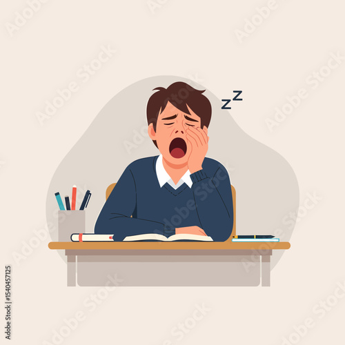 Exhausted Student Yawning at Desk with Book in Study Room