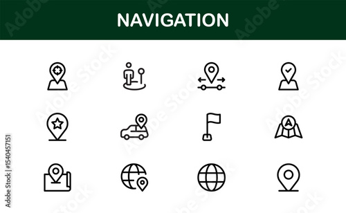 Vector Navigation Icons Collection Including Compass, Map Pins, GPS Markers, and Directional Symbols