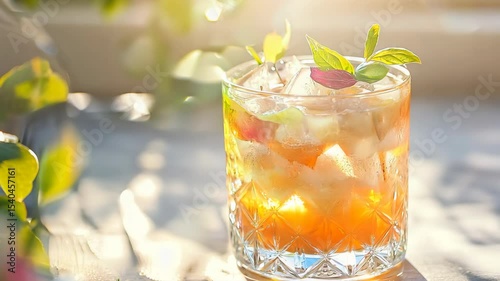 Refreshing Cocktail: Iced Drink with Fruit and Mint Garnish on Sunny Table