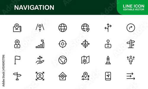 Vector Navigation Icons Collection Including Compass, Map Pins, GPS Markers, and Directional Symbols