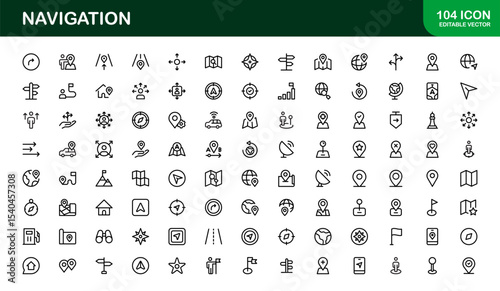 Vector Navigation Icons Collection Including Compass, Map Pins, GPS Markers, and Directional Symbols