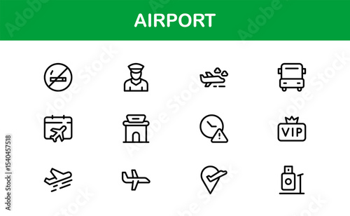 Airport Icon Set Featuring Airplanes, Terminals, Luggage, and Travel Symbols in Vector Style