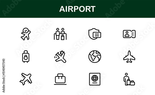 Airport Icon Set Featuring Airplanes, Terminals, Luggage, and Travel Symbols in Vector Style