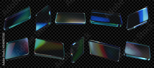3D glass shape. Abstract transparent box. Holographic cube or gradient surface. Glow morphism effect. Geometric figure. Iridescent block angles. Plexiglass form. Vector elements set