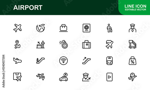 Airport Icon Set Featuring Airplanes, Terminals, Luggage, and Travel Symbols in Vector Style