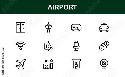 Airport Icon Set Featuring Airplanes, Terminals, Luggage, and Travel Symbols in Vector Style