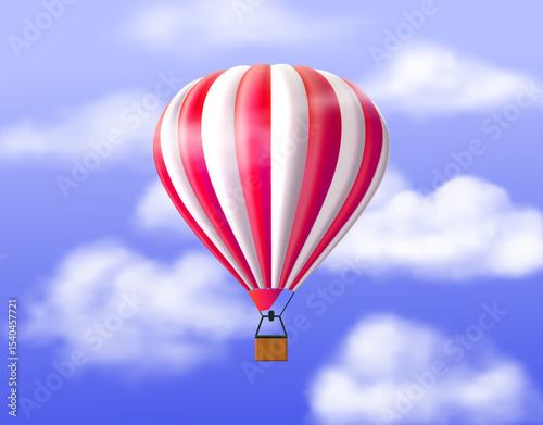 Hot air balloon. Aerial travel. Realistic airship in cloudy sky. Flying vehicle transportation. Ballooning flight. Floating aircraft. Basket with striped dome. Vector airy transport