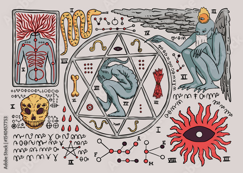 Demon symbol. Occult magic book page. Medieval scary ritual vintage manuscript. Evil pictogram. Devil horror collection. Fantasy magical signs. Satanic pentagram. Vector illustration