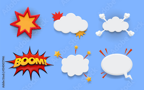 3D comic bubble. Surprise bang. Speech effect for sound. Pop art text element. Wow and boom explosion frame. Explode smash. Dynamite blast shape. Puff cloud. Vector cartoon icons set