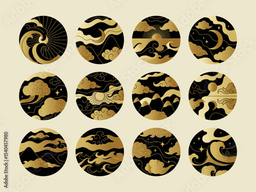 Chinese pattern. Japanese gold Sun and clouds, oriental tattoo ornament or Asian water, wind and sea. Mongolian sky. Round icons, circle creative stickers. Emblems or labels. Vector design