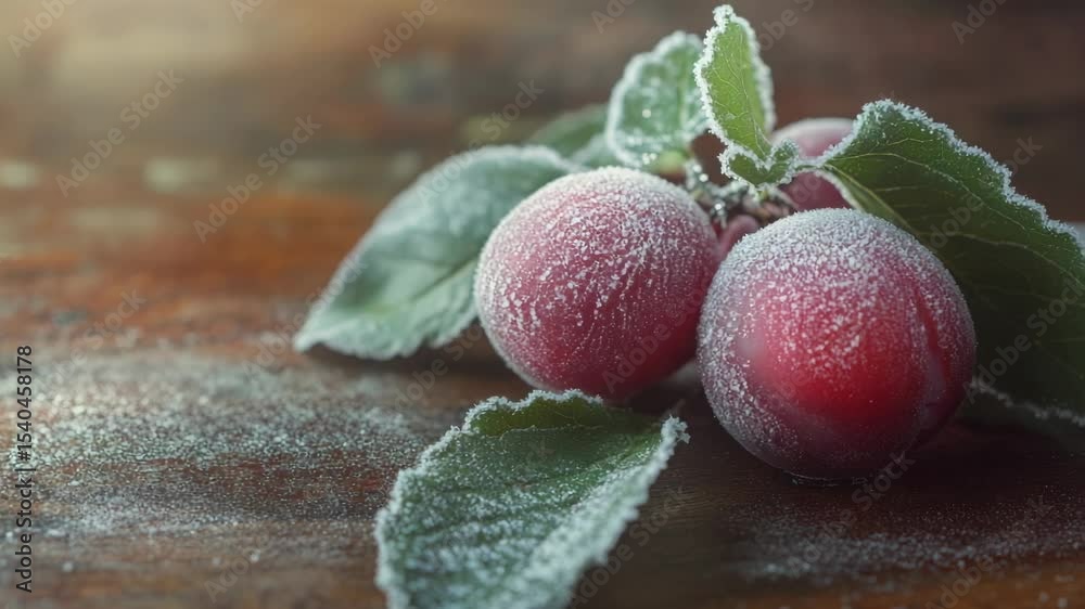 Fresh plums resting on a rustic wooden table, ideal for kitchen or food photography