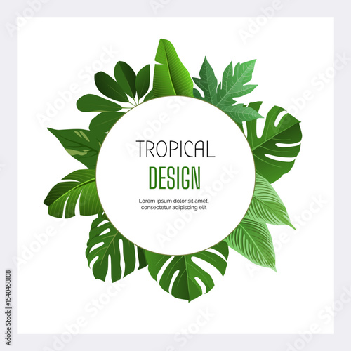 Tropical frame. Round border with copy space for text and exotic palm tree leaves in circle form. Decorative emblem or label. Summer rainforest card decoration. Vector isolated illustration