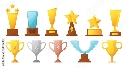 Winner cup. Glass golden and silver award. First second and bronze places prize. Winning ceremony isolated elements. Tournament and competition trophy. Vector cartoon isolated illustration