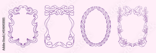 Ribbon frame set. Bow border, cute valentine hand drawn invite card or wedding party line menu, coquette aesthetic. Pink romantic design with botanical isolated luxury decor. Vector print