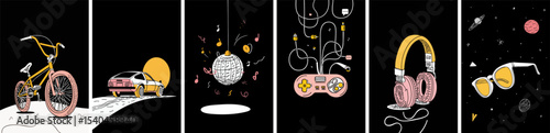 Set of 1980s and 1990s vintage doddle style vector design elements