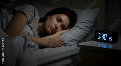 Exhausted Young Woman Lying Awake in Bed, Battling Insomnia with a Digital Alarm Clock Showing 3:30 AM