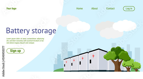Power plant landing page. Batteries storage. Renewable green energy. Electricity generation. Website design template. Alternative powerhouse. Accumulator technology. Vector web background