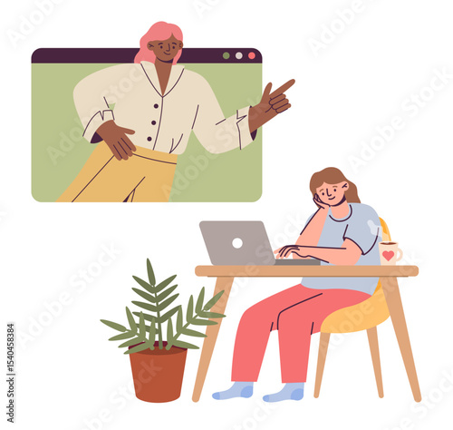 Online meeting. Girl sitting at desk with laptop, woman on monitor screen. Voice chat. Teacher internet lesson or webinar. Business communication. Vector cartoon isolated illustration