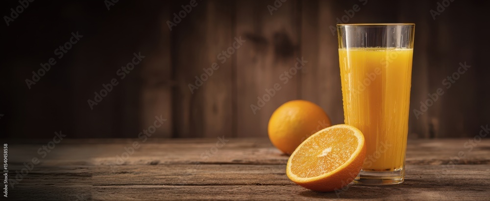 Naklejka premium The refreshing orange juice served in a glass with whole and sliced oranges.