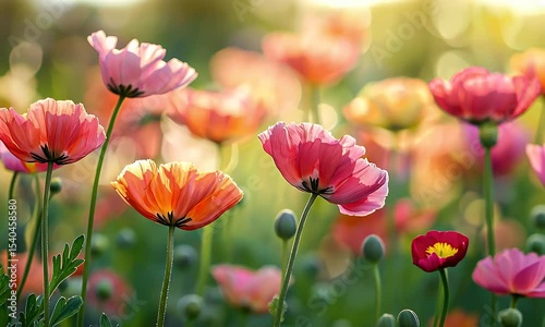 Pink Poppy Flowers with Soft Lighting and Shallow Depth of Field in a Blurred Green Background