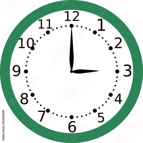 Analog Wall Clock Showing 3:00 O'Clock with Green Circular Frame