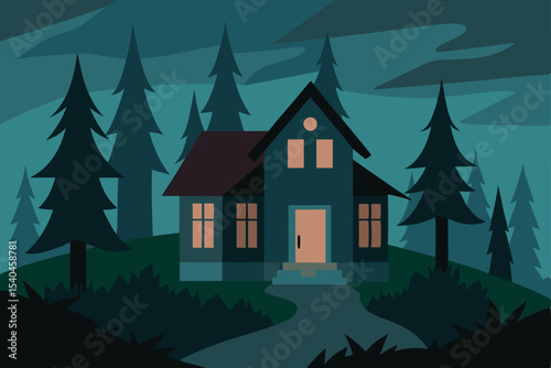 Enchanted Forest House Nighttime Cabin Illustration