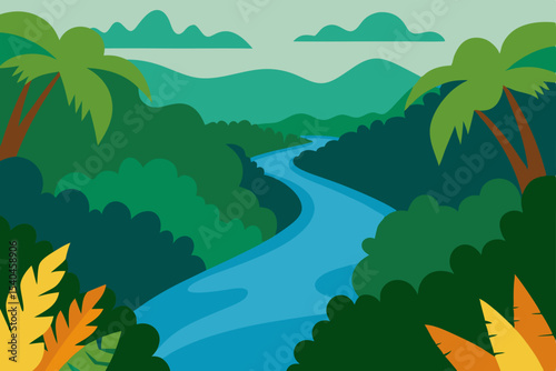 Serene Tropical River Landscape Lush Green Foliage, Winding Waterways, and Majestic Mountains