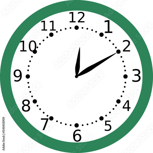 Analog Wall Clock Showing 0:10 O'Clock with Green Circular Frame