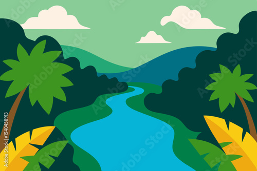 Serene Tropical River Landscape Lush Green Foliage, Winding Waterway, and Rolling Hills